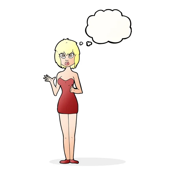 Cartoon mulher confusa em vestido de cocktail com bolha pensamento — Vetor de Stock