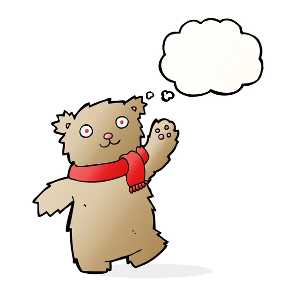 Urso de pelúcia dos desenhos animados usando cachecol com bolha de pensamento — Vetor de Stock