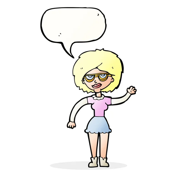 Cartoni animati donna che sventola indossando occhiali con bolla discorso — Vettoriale Stock