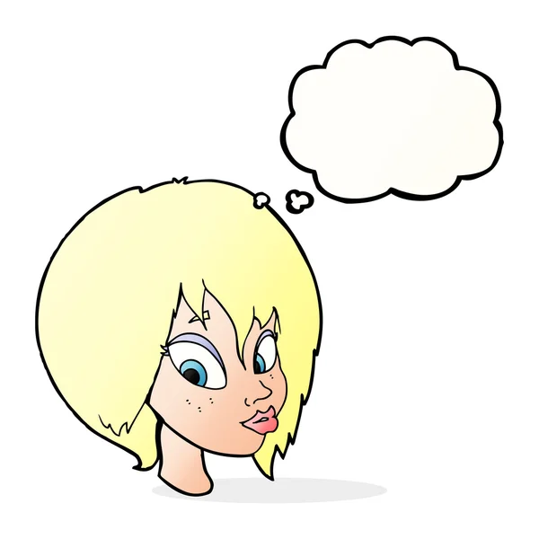 Karikatur hübsches weibliches Gesicht Schmollmund mit Gedankenblase — Stockvektor