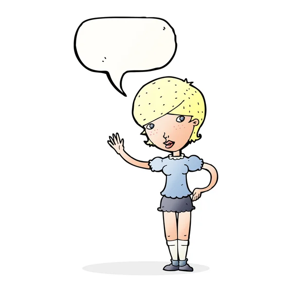 Cartoon meisje zwaaien met spraak zeepbel — Stockvector