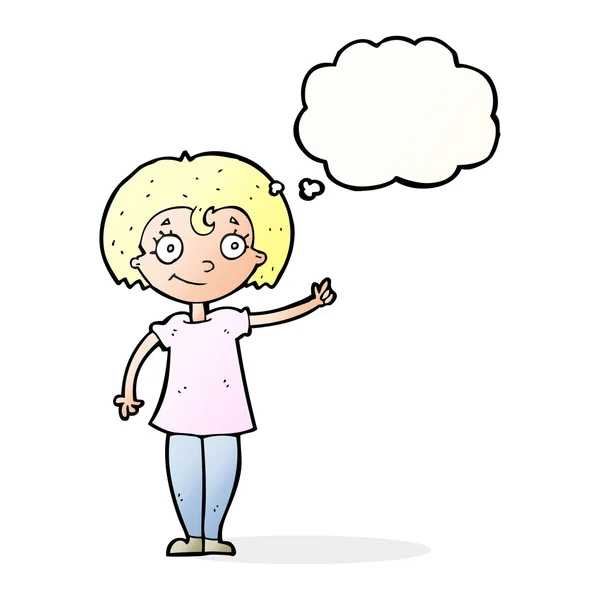 Dessin animé femme heureuse pointant avec bulle de pensée — Image vectorielle