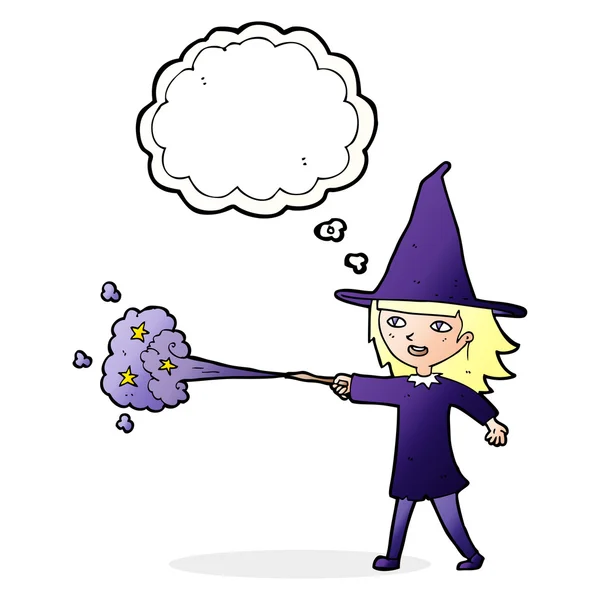 Cartoon witch girl casting spell with thought bubble — Stock Vector