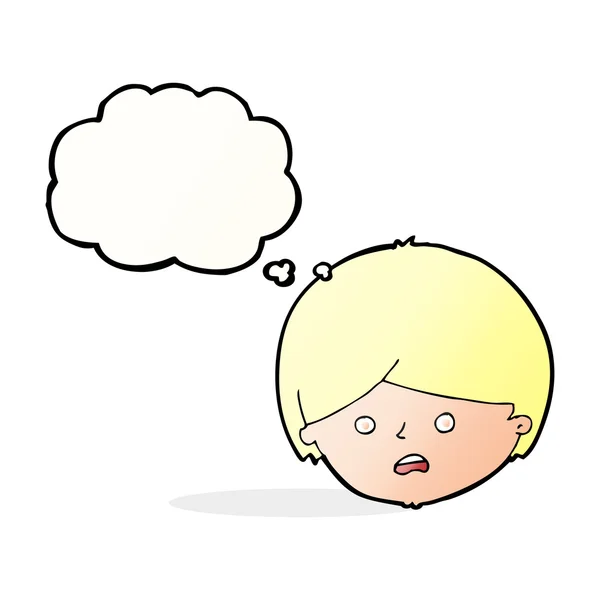 Desenho animado menino infeliz com bolha de pensamento — Vetor de Stock