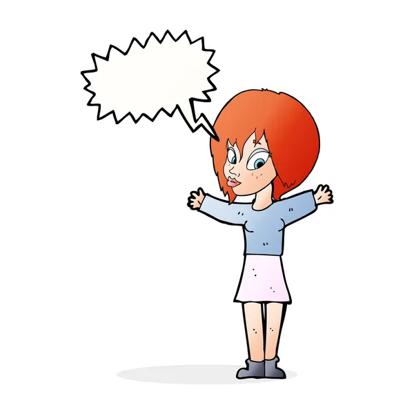 Cartoon woman with open arms with speech bubble — Stock Vector