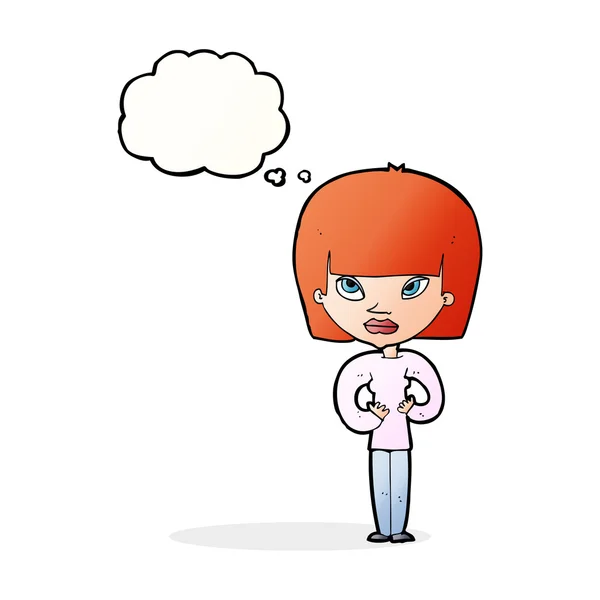 Cartoon woman gesturing at herself with thought bubble — Stock Vector