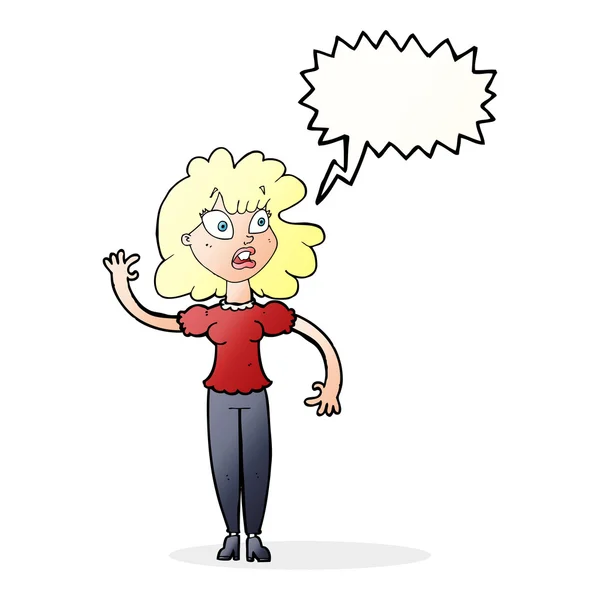 Cartoon worried woman waving with speech bubble — Stock Vector