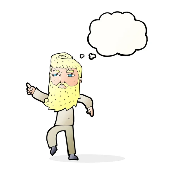 Desenho animado barbudo homem apontando o caminho com bolha de pensamento — Vetor de Stock