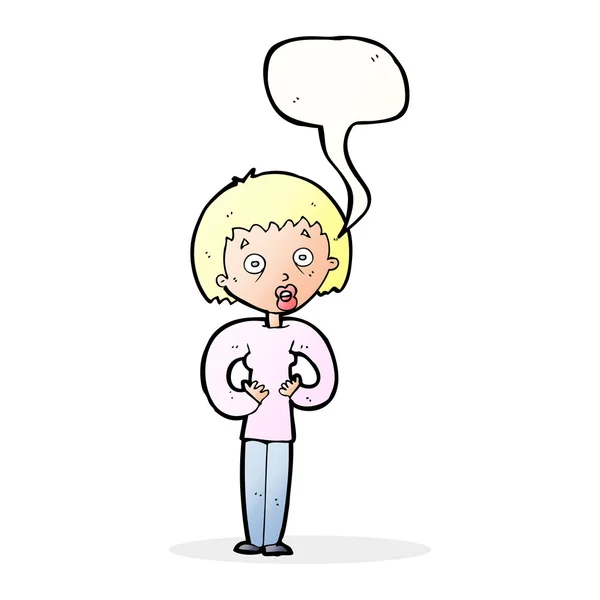 Mujer de dibujos animados gestos en uno mismo con la burbuja del habla — Vector de stock
