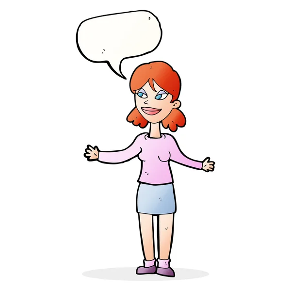 Karikatür mutlu kadın konuşma balonu ile omuz shrugging — Stok Vektör