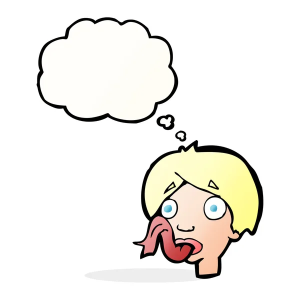 Tête de dessin animé sortant de la langue avec bulle de pensée — Image vectorielle