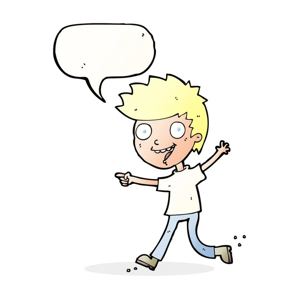Cartoon gek opgewonden jongen met tekstballon — Stockvector