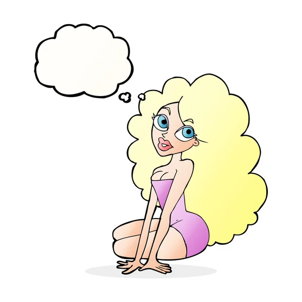 Cartoon mooie vrouw met gedachte zeepbel — Stockvector