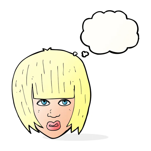 Kreslené otrávené dívka s velkými vlasy s myšlenkovou bublinou — Stockový vektor