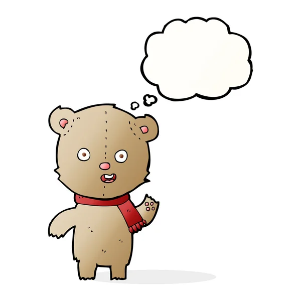 Cartone animato orsacchiotto ondulante con sciarpa con bolla di pensiero — Vettoriale Stock