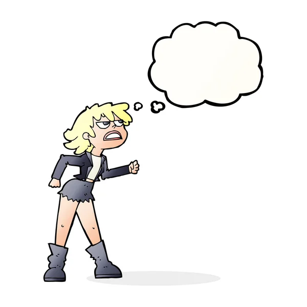 Karikatur wütendes Biker-Mädchen mit Gedankenblase — Stockvektor