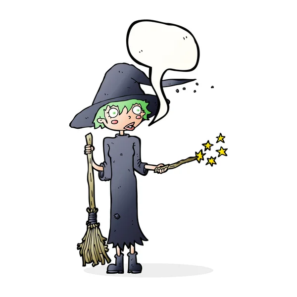 Cartoon witch casting spell with speech bubble — Stock Vector