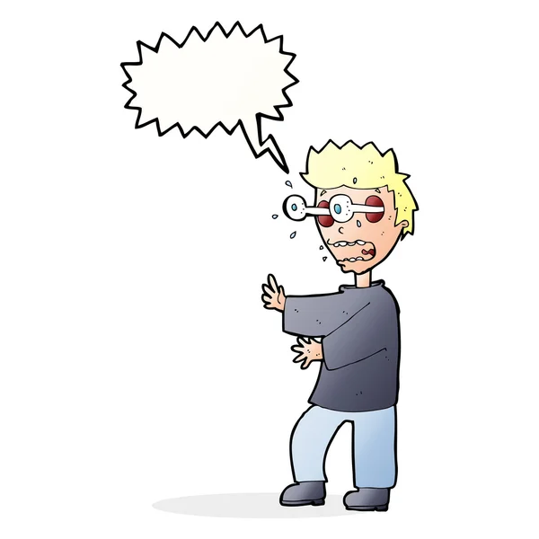 Cartoon terrified boy with speech bubble — Stock Vector