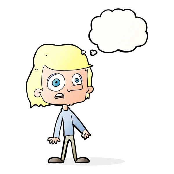 Cartoon worried boy with thought bubble — Stock Vector