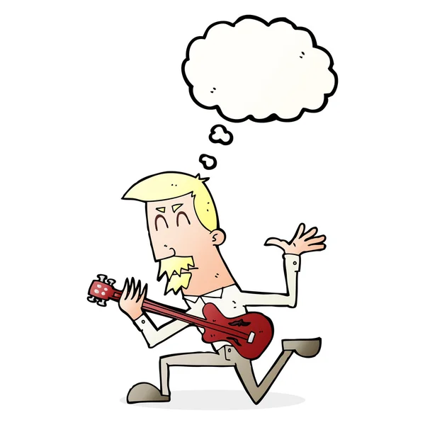 Cartoon man playing electric guitar with thought bubble — Stock Vector