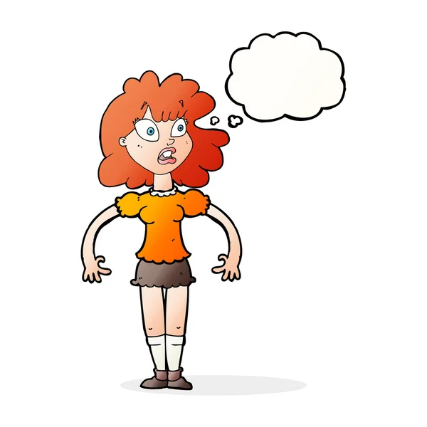Cartone animato bella ragazza con espressione scioccata con bolla di pensiero — Vettoriale Stock