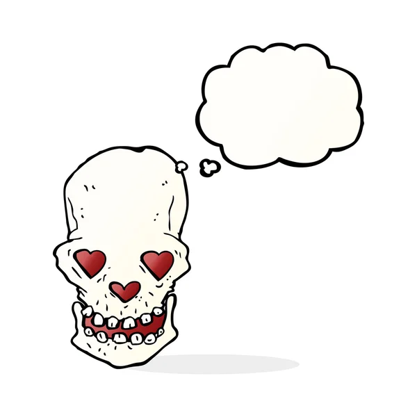Cartoon schedel met liefde hart ogen met gedachte zeepbel — Stockvector
