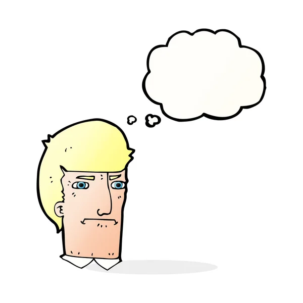 Kreslený muž zužující oči s myšlenkovou bublinou — Stockový vektor