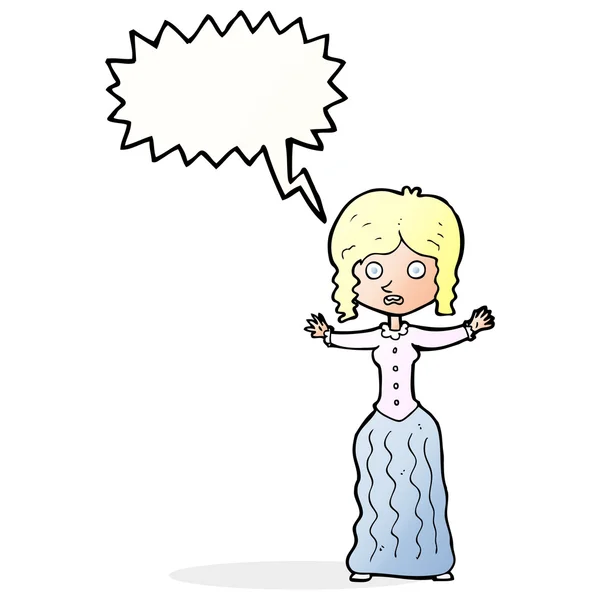 Cartoon worried victorian woman with speech bubble — Stock Vector