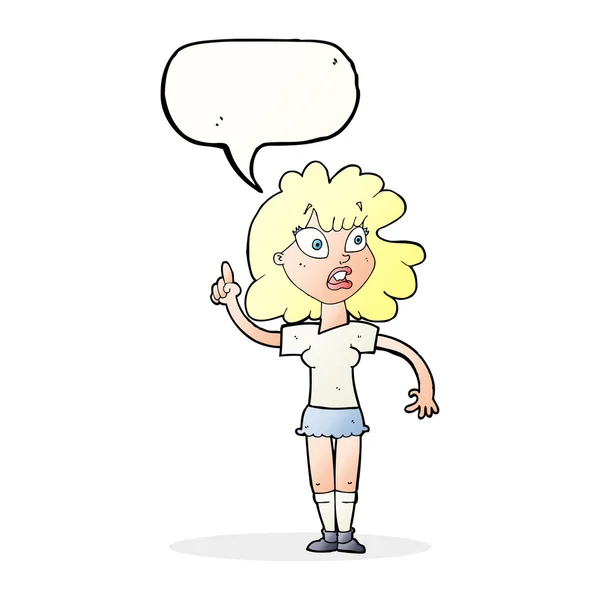 Γελοιογραφία γυναίκα κάνοντας σημείο με φούσκα ομιλία — Διανυσματικό Αρχείο