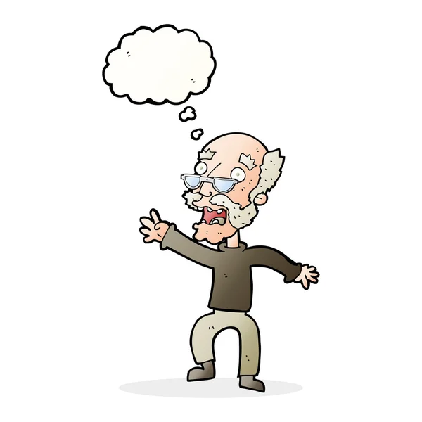 Cartoon frightened old man with thought bubble — Stock Vector