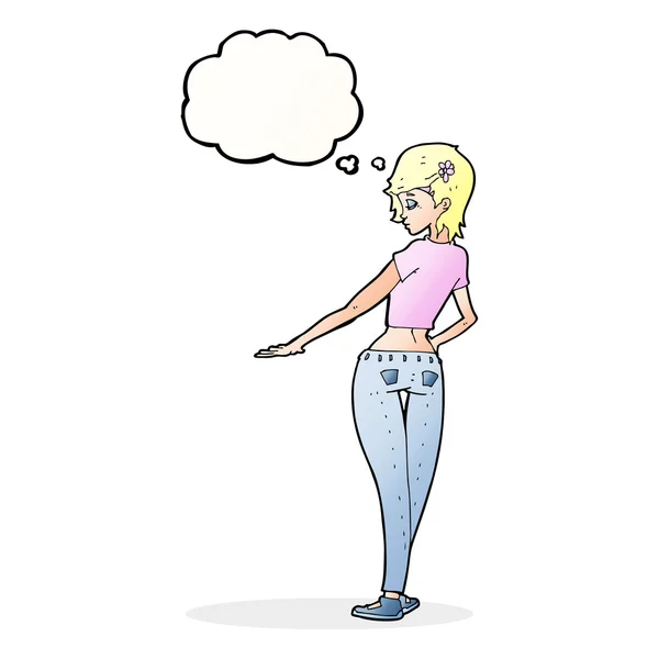 Dibujos animados chica bonita en jeans y tee con burbuja de pensamiento — Vector de stock