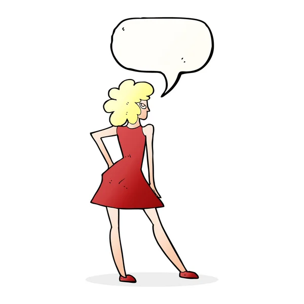 Mujer de dibujos animados posando en vestido con burbuja de habla — Vector de stock