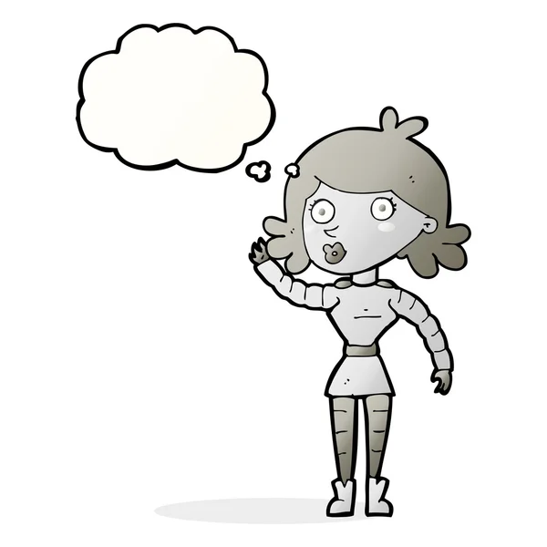Düşünce baloncuğuyla el sallayan robot kadın — Stok Vektör