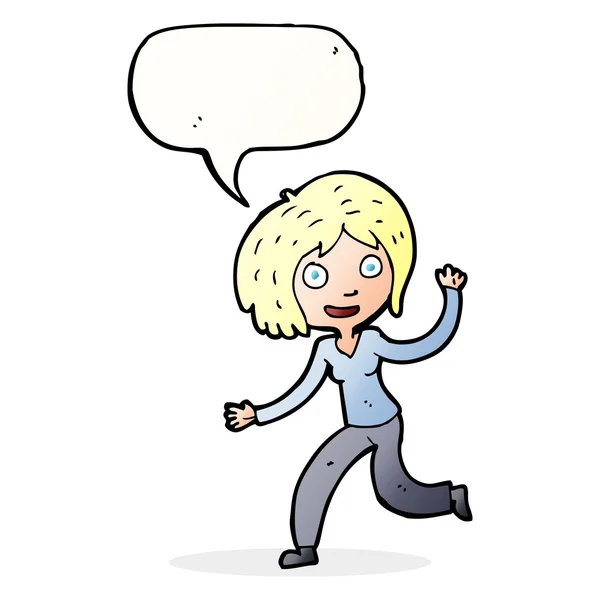 Cartoon gelukkig zwaaien meisje met spraak zeepbel — Stockvector