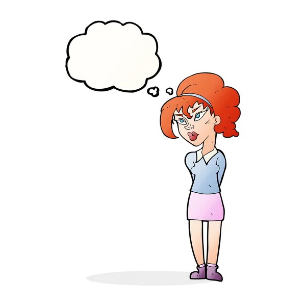 Karikatur hübsches Mädchen kippt Kopf mit Gedankenblase — Stockvektor