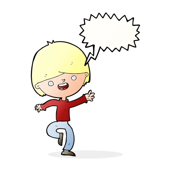 Cartoon happy boy dancing with speech bubble — Stock Vector