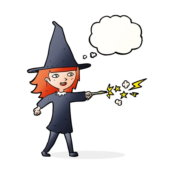 Cartoon witch girl casting spell with thought bubble — Stock Vector