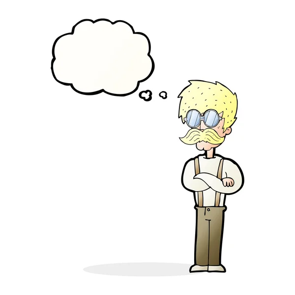 Hombre hipster de dibujos animados con bigote y gafas con pensamiento bu — Vector de stock