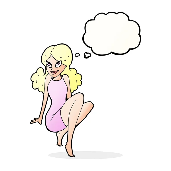 Cartoon aantrekkelijke vrouw poseren met gedachte zeepbel — Stockvector