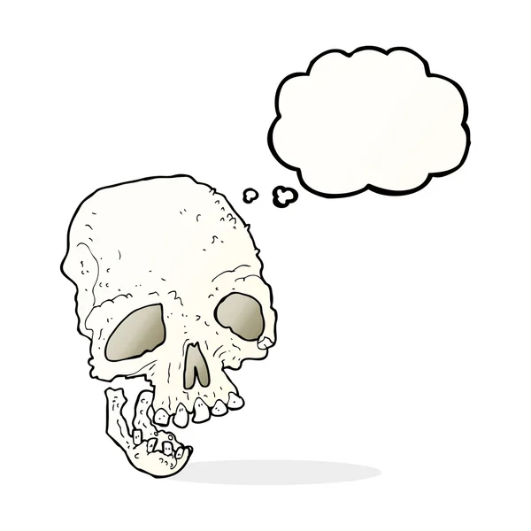 Dibujos animados antiguo cráneo espeluznante con burbuja de pensamiento — Vector de stock