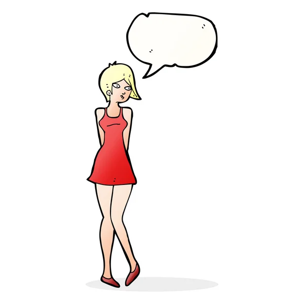 Cartoon pretty woman in dress with speech bubble — Stock Vector