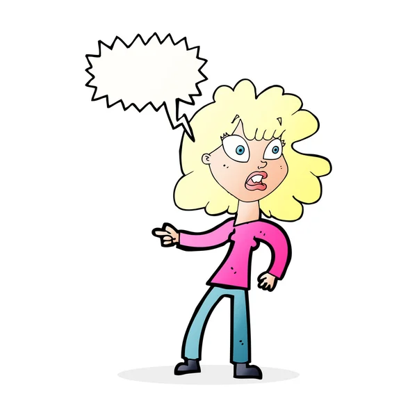 Dessin animé inquiet femme pointant avec bulle de parole — Image vectorielle