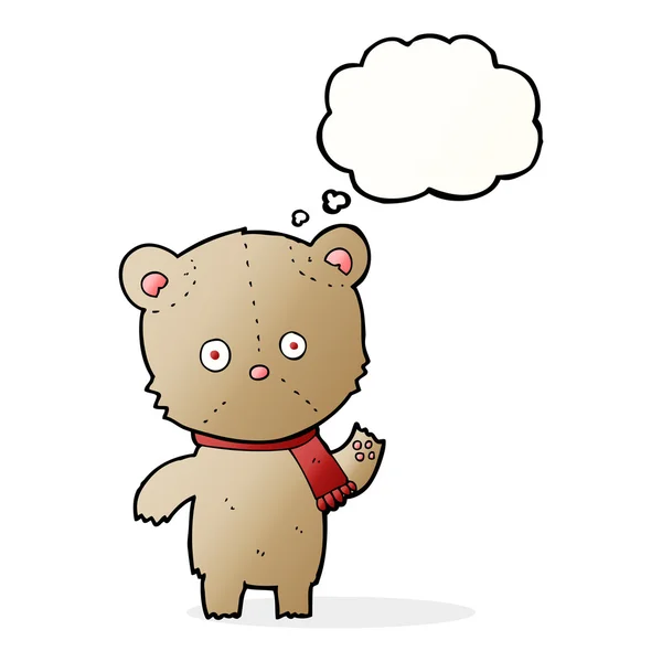 Cartoon waving teddy bear with thought bubble — Stock Vector