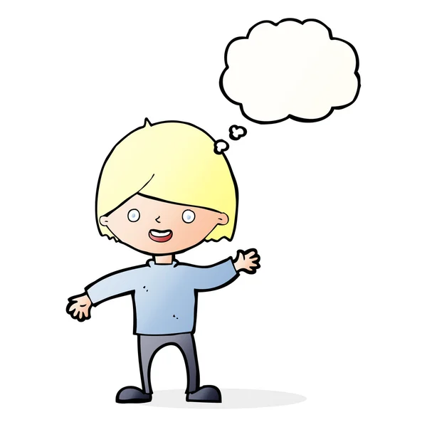 Cartoon waving boy with thought bubble — Stock Vector