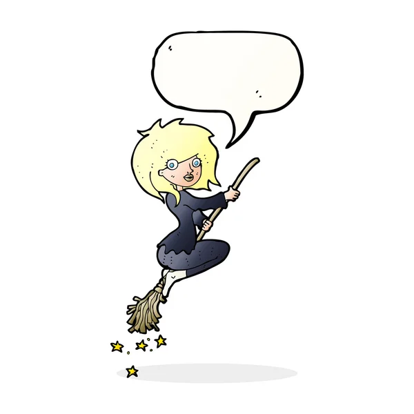 卡通片中的女巫骑着带有言语泡泡的扫帚 — 图库矢量图片