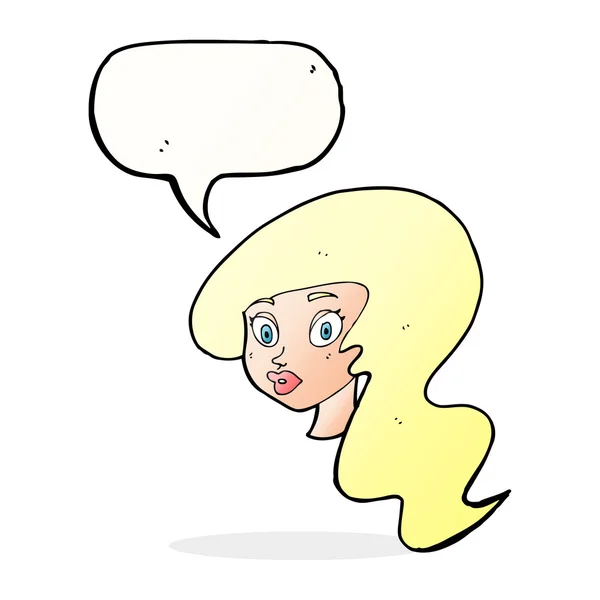 Dibujo animado cara femenina bonita con burbuja del habla — Vector de stock