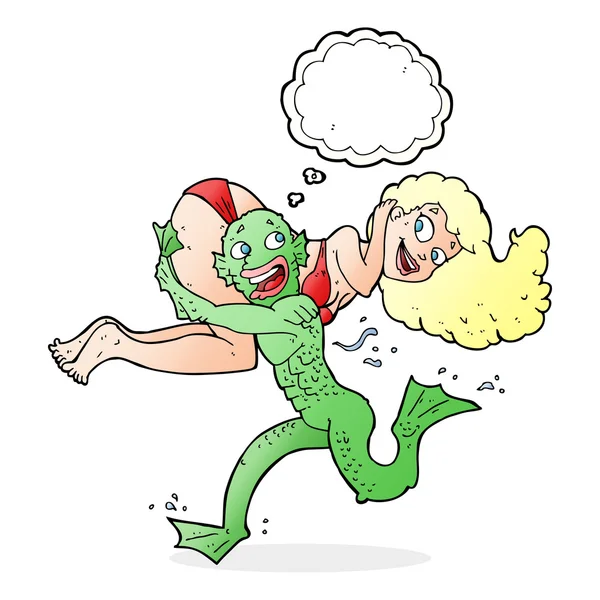 Dessin animé marais monstre portant fille en bikini avec pensée bubbl — Image vectorielle