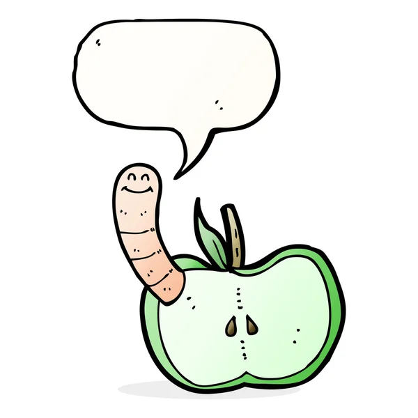 Pomme de dessin animé avec ver avec bulle de parole — Image vectorielle