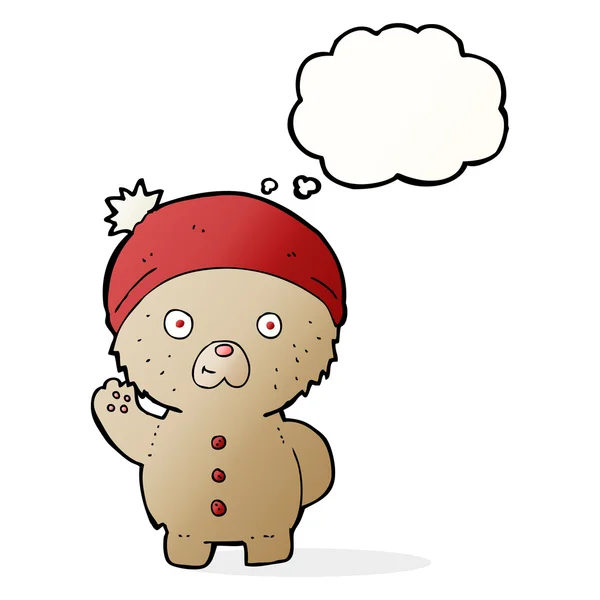 Мультфильм размахивая плюшевым мишкой в зимней шляпе с мыслей пузырь — стоковый вектор