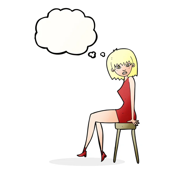 Dessin animé femme assise sur tabouret avec bulle de pensée — Image vectorielle